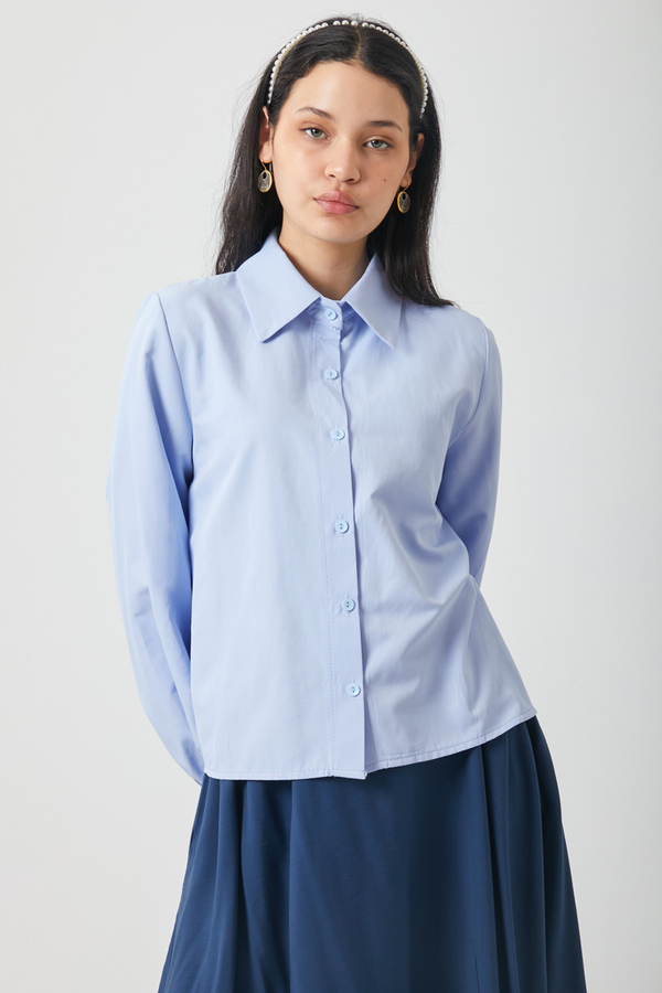 Manşeti Büzgülü Poplin Gömlek Bebe Mavisi - 3