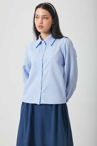 Manşeti Büzgülü Poplin Gömlek Bebe Mavisi - 7