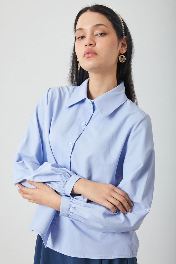 Manşeti Büzgülü Poplin Gömlek Bebe Mavisi - 13