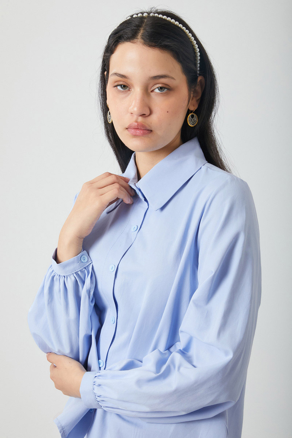 Manşeti Büzgülü Poplin Gömlek Bebe Mavisi - 14