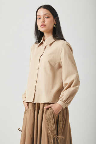 Manşeti Büzgülü Poplin Gömlek Camel - 8