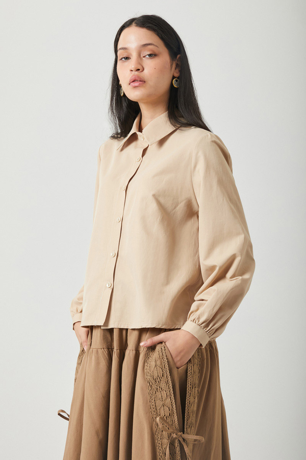 Manşeti Büzgülü Poplin Gömlek Camel - 8