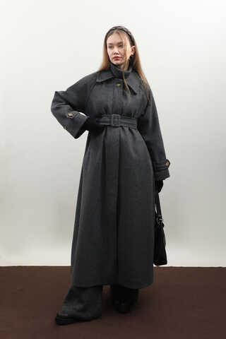 Manşeti Kemerli Uzun Kaban Antrasit - 9