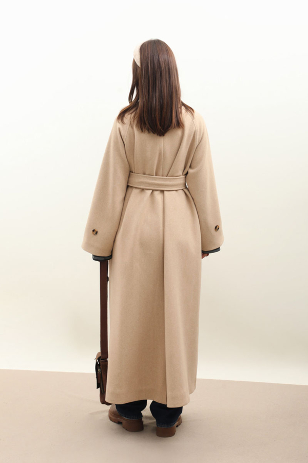Manşeti Kemerli Uzun Kaban Bej - 14