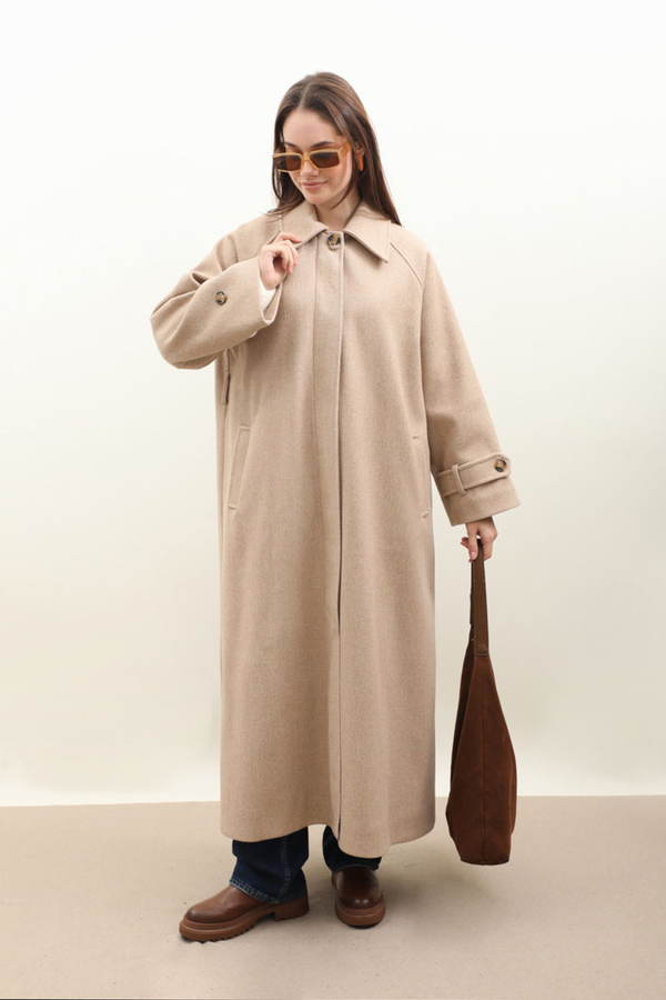 Manşeti Kemerli Uzun Kaban Bej - 2