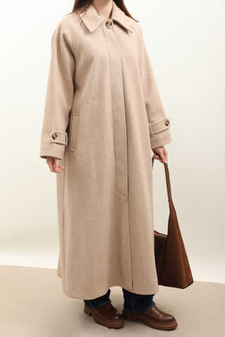 Manşeti Kemerli Uzun Kaban Bej - 3