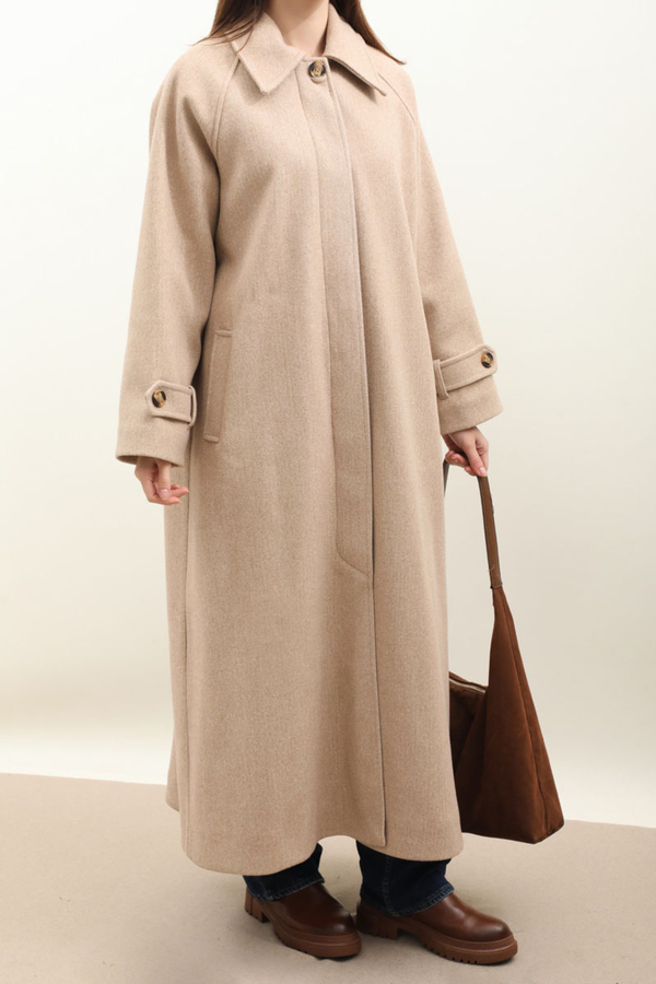 Manşeti Kemerli Uzun Kaban Bej - 3