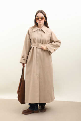 Manşeti Kemerli Uzun Kaban Bej - 4