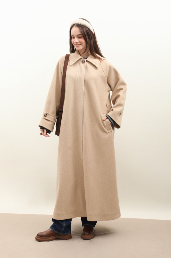 Manşeti Kemerli Uzun Kaban Bej - 6