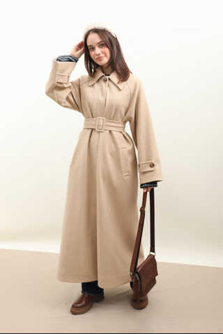 Manşeti Kemerli Uzun Kaban Bej - 7