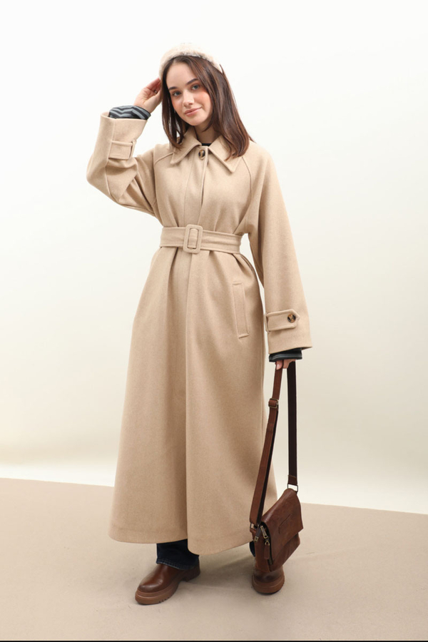 Manşeti Kemerli Uzun Kaban Bej - 7