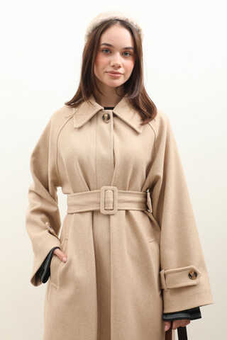 Manşeti Kemerli Uzun Kaban Bej - 11