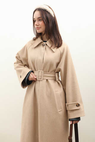 Manşeti Kemerli Uzun Kaban Bej - 12