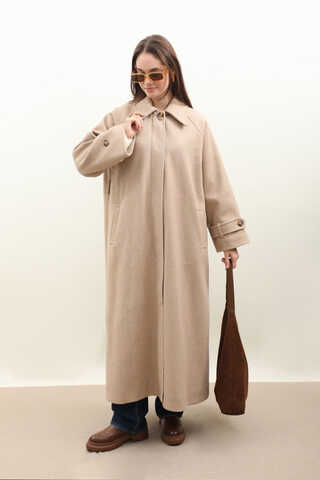 Manşeti Kemerli Uzun Kaban Bej - 2