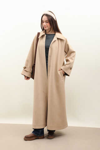 Manşeti Kemerli Uzun Kaban Bej - 5
