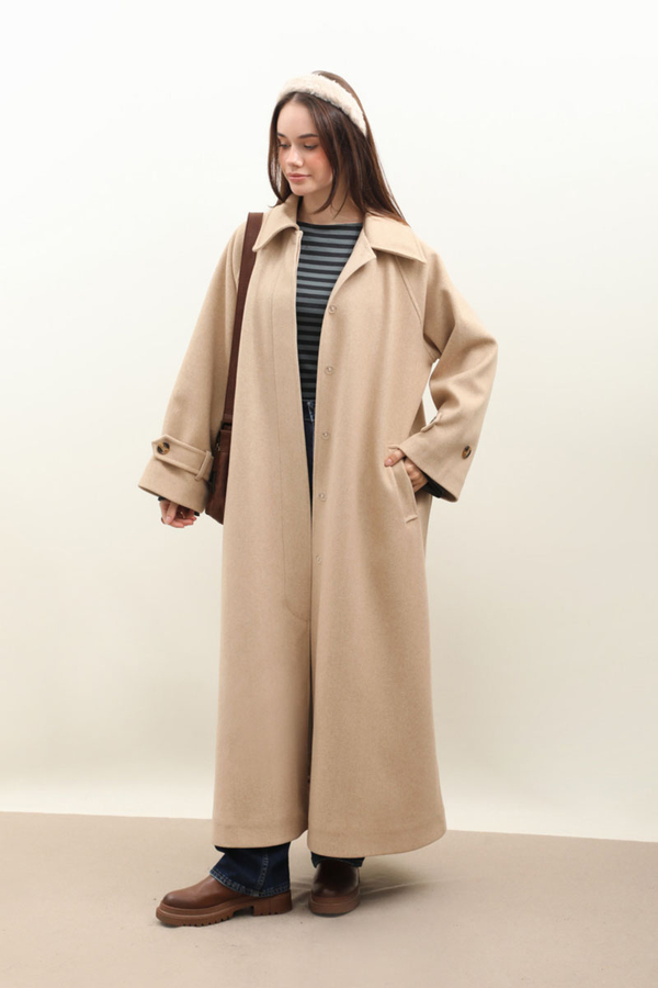 Manşeti Kemerli Uzun Kaban Bej - 5