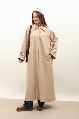 Manşeti Kemerli Uzun Kaban Bej - 6