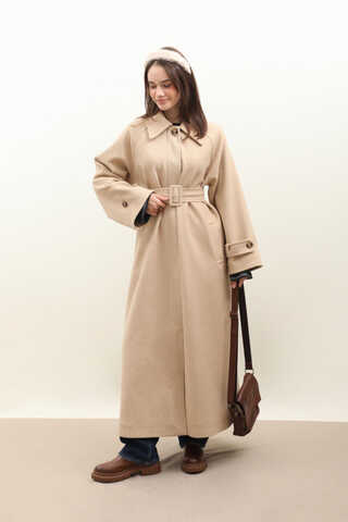 Manşeti Kemerli Uzun Kaban Bej - 1