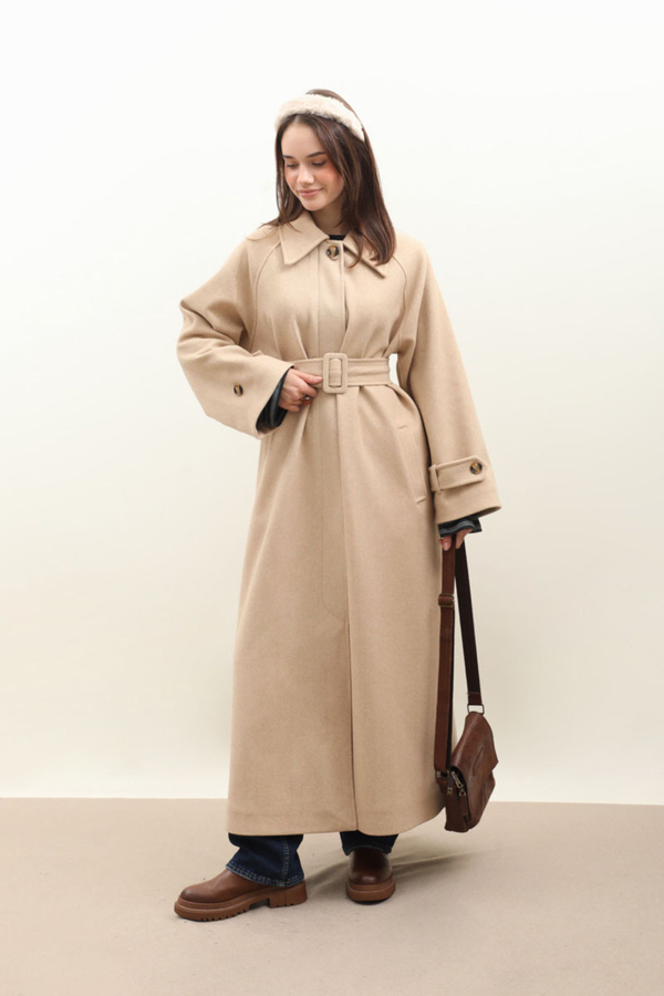 Manşeti Kemerli Uzun Kaban Bej 