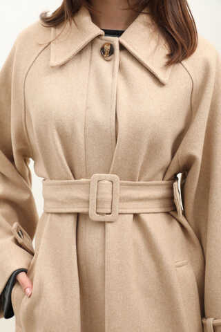 Manşeti Kemerli Uzun Kaban Bej - 9