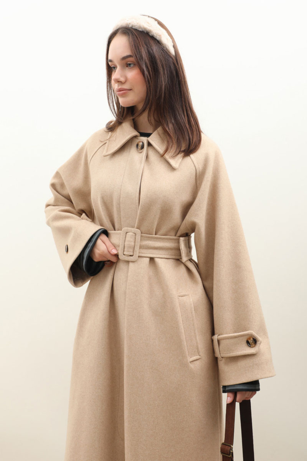Manşeti Kemerli Uzun Kaban Bej - 12