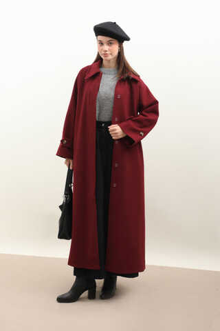 Manşeti Kemerli Uzun Kaban Bordo - 3