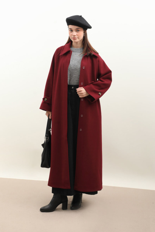 Manşeti Kemerli Uzun Kaban Bordo - 3