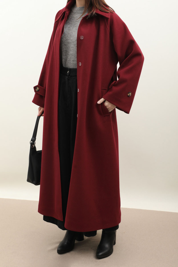 Manşeti Kemerli Uzun Kaban Bordo - 5
