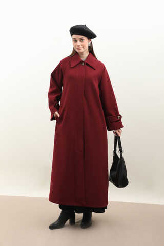 Manşeti Kemerli Uzun Kaban Bordo - 6