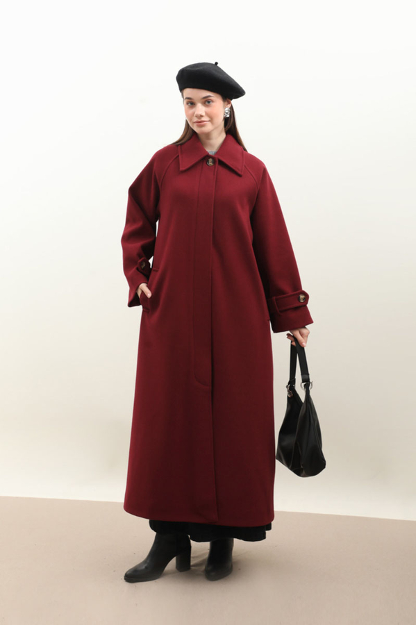 Manşeti Kemerli Uzun Kaban Bordo - 6