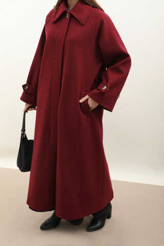 Manşeti Kemerli Uzun Kaban Bordo - 7