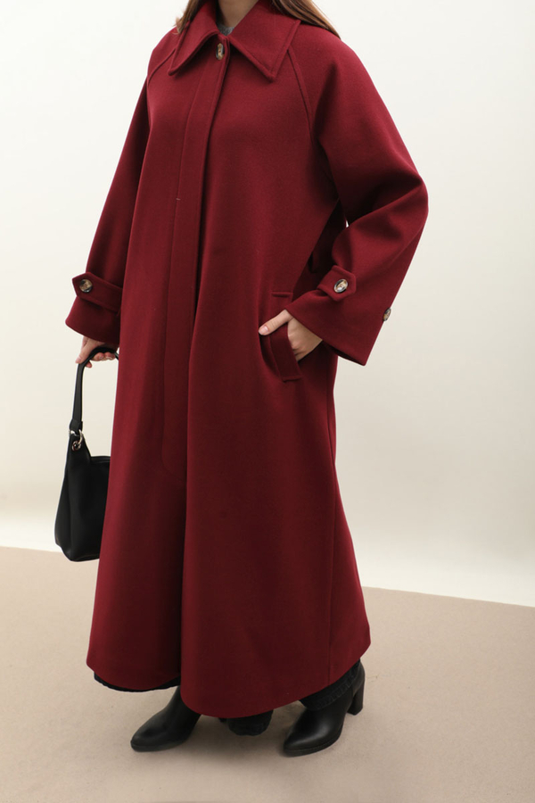 Manşeti Kemerli Uzun Kaban Bordo - 7