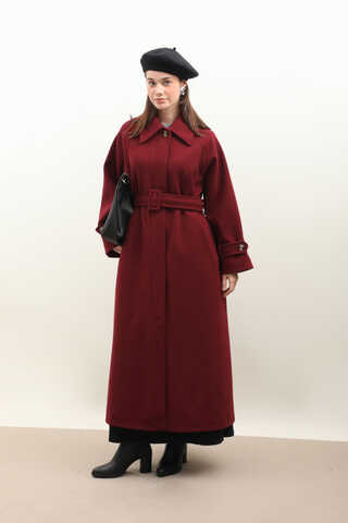 Manşeti Kemerli Uzun Kaban Bordo - 8