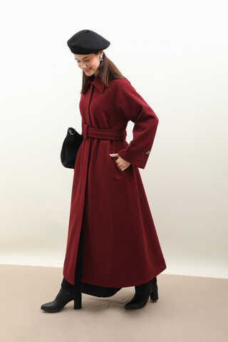 Manşeti Kemerli Uzun Kaban Bordo - 1