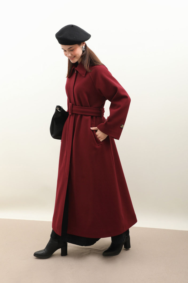 Manşeti Kemerli Uzun Kaban Bordo - 1