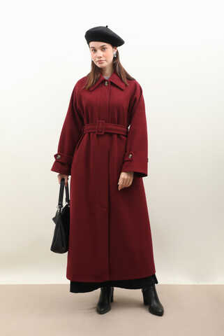 Manşeti Kemerli Uzun Kaban Bordo - 9