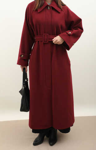 Manşeti Kemerli Uzun Kaban Bordo - 10