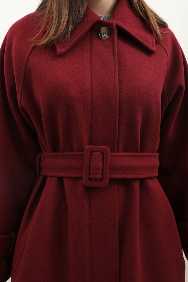 Manşeti Kemerli Uzun Kaban Bordo - 12