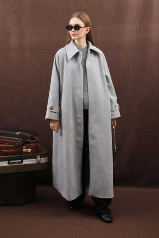 Manşeti Kemerli Uzun Kaban Gri - 3