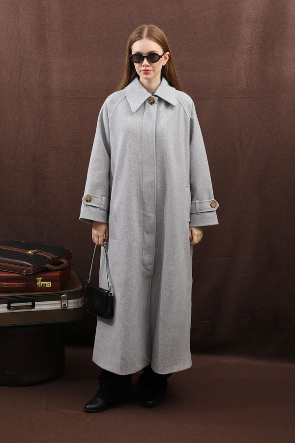 Manşeti Kemerli Uzun Kaban Gri - 5