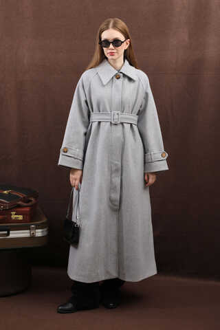 Manşeti Kemerli Uzun Kaban Gri - 6