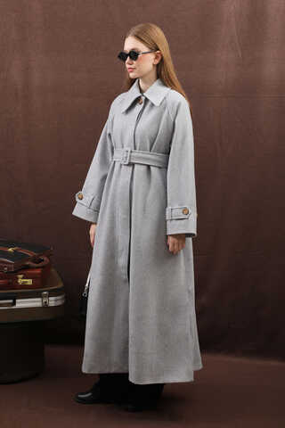 Manşeti Kemerli Uzun Kaban Gri - 7
