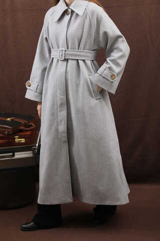 Manşeti Kemerli Uzun Kaban Gri - 8