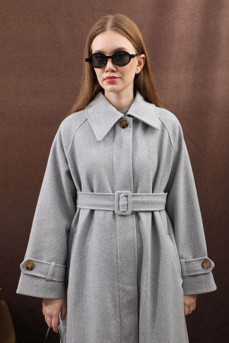 Manşeti Kemerli Uzun Kaban Gri