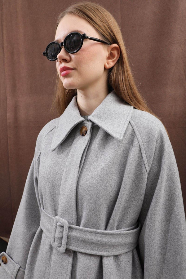 Manşeti Kemerli Uzun Kaban Gri - 10