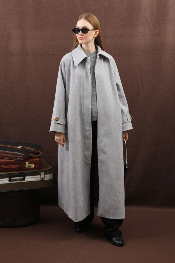 Manşeti Kemerli Uzun Kaban Gri - 3