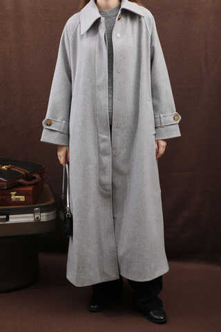 Manşeti Kemerli Uzun Kaban Gri - 4