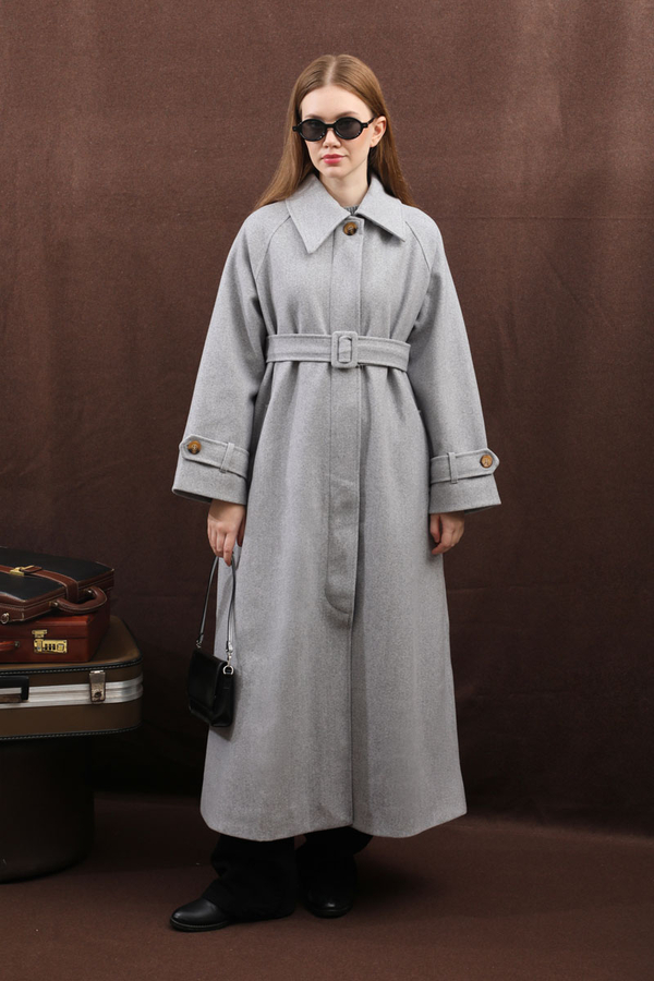 Manşeti Kemerli Uzun Kaban Gri - 6