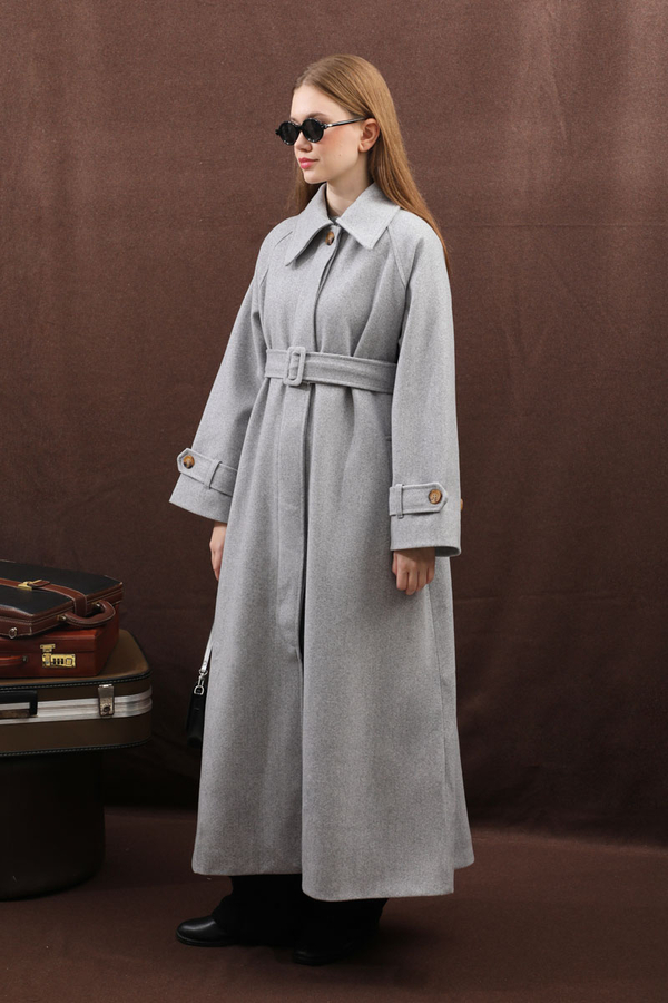 Manşeti Kemerli Uzun Kaban Gri - 7