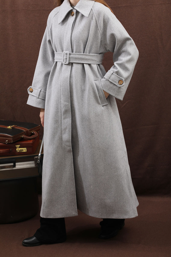 Manşeti Kemerli Uzun Kaban Gri - 8